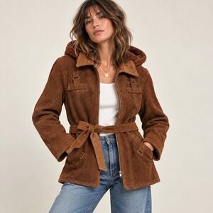 Vintage 70s Opera Suede Leather Removable Hood Belted Coat Canada S Boho Western